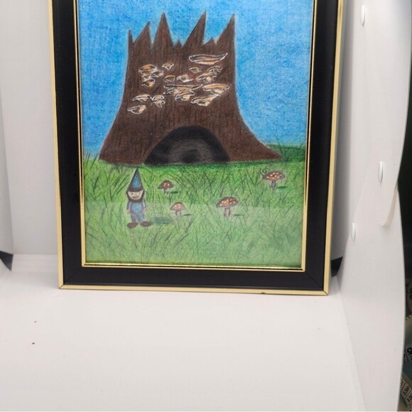 Hand Crafted Gnome Tree House Colored Pencil Drawing Framed 9x11" - Picture 8 of 13